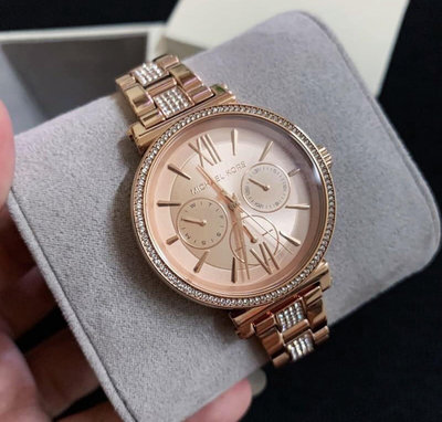 MICHAEL KORS 水鑽圈 玫瑰金色錶盤 玫瑰金色不鏽鋼錶帶 石英 女士手錶 MK4354