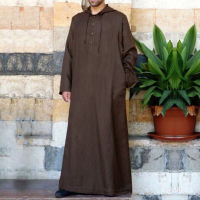 【促銷】【現貨下殺】阿拉伯風格棉麻長款男士連帽襯衫迪拜穆斯林男式全棉純色寬鬆長袍 vZe6