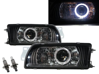 卡嗶車燈 Mitsubishi 三菱 Lancer 1992-1995 光導LED天使眼光圈魚眼 大燈 黑色