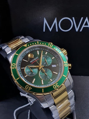 MOVADO 800 綠色錶盤 金色配銀色不鏽鋼錶帶 石英 三眼計時 男士手錶 2600148