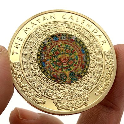 特價！瑪雅點漆龍彩繪墨西哥浮雕鍍金紀念章 收藏幣 金字塔日晷金幣硬幣