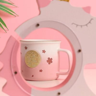 星巴克杯子2021粉色櫻花紛飛銅章馬克杯銅牌陶瓷杯咖啡杯女神水杯,特價