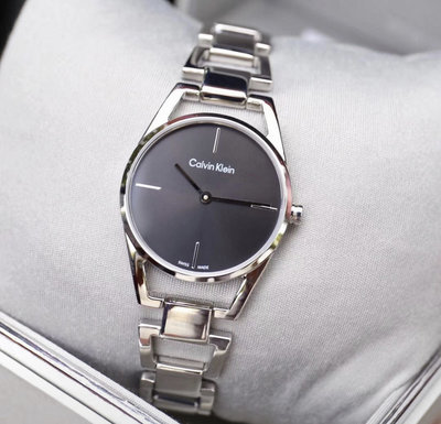 CALVIN KLEIN Dainty 黑色面錶盤 銀色不鏽鋼鏤空鍊帶錶帶 石英 女士手錶 K7L23141