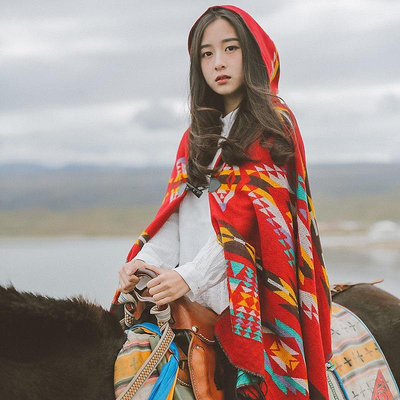 西藏尼泊爾民族風秋冬雲南旅遊鬥篷披肩加厚連帽波西米亞披風圍巾