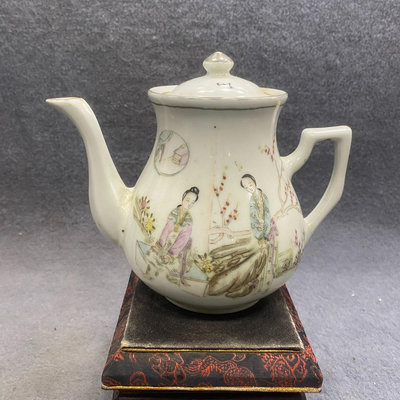 民國時期手繪粉彩桃花美女茶壺 古玩古董瓷器收藏擺件物件