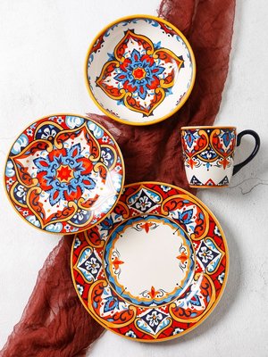 【Kyut家居生活家】中東異國風情《伊斯坦堡》手繪波西米亞圖騰微波爐洗碗機適用陶瓷杯盤碗組【G107】