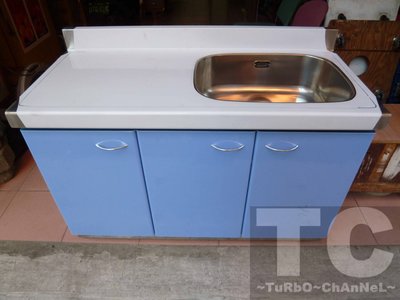流理台【120公分洗台-右水槽】台面&amp;櫃體不鏽鋼 素面藍色門板 最新款流理臺