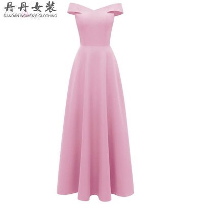 春季宴會粉紅色晚禮服氣質優雅長肩拖長裙連衣裙-丹丹女裝