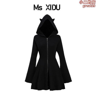 Ms XIDU 黑色厚棉T洋裝秋收腰顯瘦長袖連帽裙子短裙暗黑幽靈少女