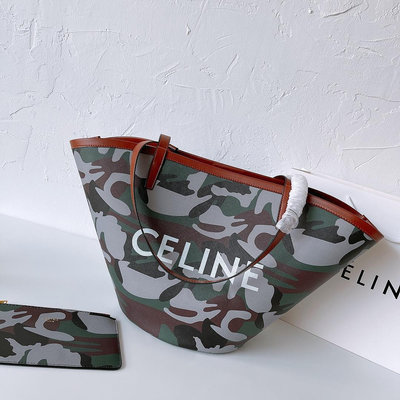新款熱銷 CELINE Tote包 水桶包 新品購物袋 軍綠色餃子包 手提單肩包 尺寸：28 31cm 含購證 明星大牌同款