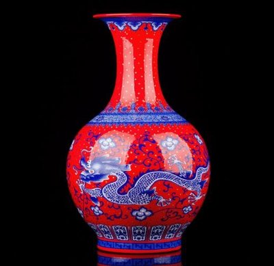 5076A 古典青花龍圖案花瓶 陶瓷紅色喜氣花瓶擺飾花器插花瓶 招財福氣裝飾品禮品