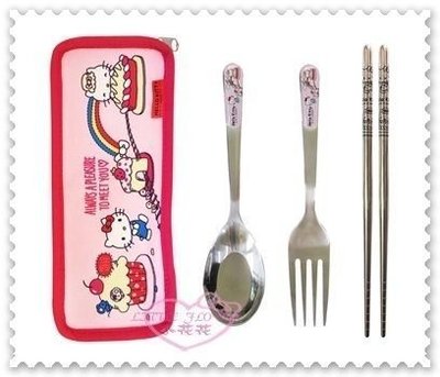 ♥小公主日本精品♥ Hello Kitty 筷子 湯匙 叉子 三件式 不鏽鋼餐具組 附收納布套桃色蛋糕11802600