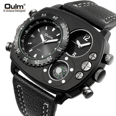 男士手錶 Oulm雙時區時尚男士手錶石英新款 指南針真皮抖音爆款大錶盤男錶