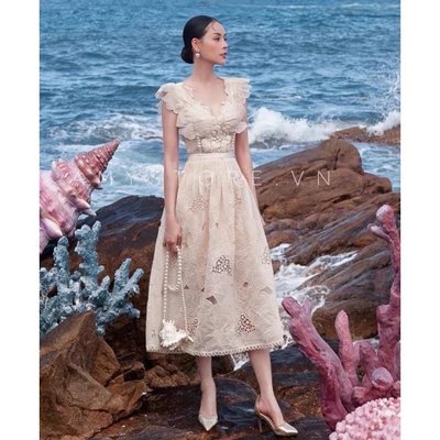 現貨珊瑚海洋公主氣質越南小眾名媛連衣裙小禮服歐根紗仙女裙