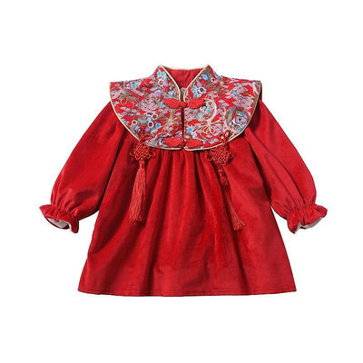 80-120號 女童童裝 年冬季新款女童洋裝中國風漢服兒童刷毛過年服旗袍禮服裙子