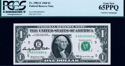 【熱賣精選】1969年版1美元聯邦儲備券(庫印E 里士滿)PCGS 65PPQ 總司庫簽名票