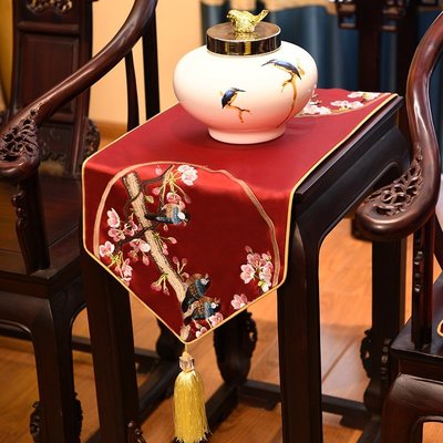 熱賣 新中式餐桌旗茶旗中國風古典刺繡花長旗條旗茶幾布蓋布桌旗床尾旗