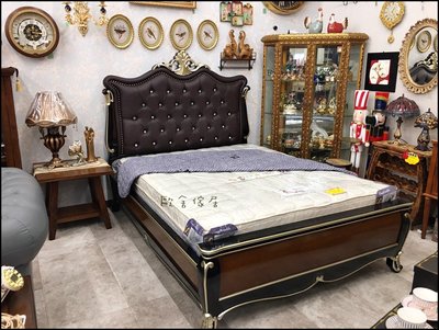 歐式古典風 黑色木色桃花心木雙色描金5*6.2標準床 實木造型雙人床架 奢華風兩人床架 床墊需另購喔【歐舍傢居】