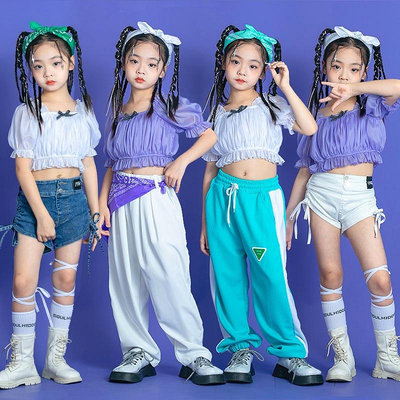 【小點點】街舞兒童潮服女孩嘻哈套裝紫色露肚女童爵士舞表演服炸街模特走秀