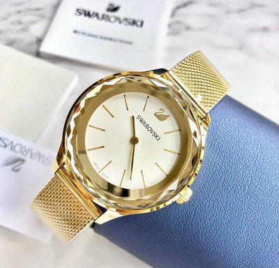 SWAROVSKI Octea Nova 白色錶盤 香檳金色不鏽鋼編織網狀錶帶 石英 女士手錶 5430417