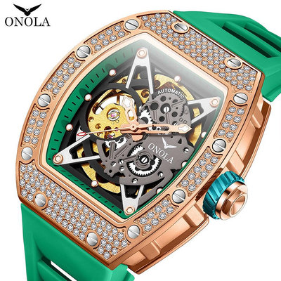 ONOLA 3838D 時尚 運動 滿鑽 2023年新款 全自動 機械手錶 男士 矽膠帶 防水 男士手錶