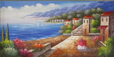 『府城畫廊-手繪油畫』歐風－地中海風景畫－60x120－(會繃內架，可吊掛，可加框)-有實體店面，請看關於我聯繫D567
