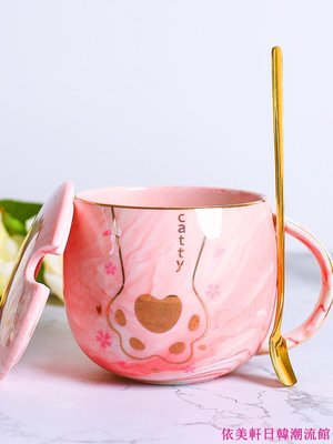爆款-可愛貓爪杯創意陶瓷水杯帶蓋勺馬克杯女家用咖啡杯子辦公室早餐杯