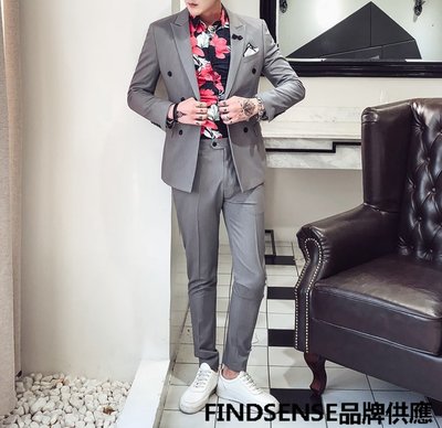 FINDSENSE品牌 四季款 新款 日本 男 純色 雙排釦 商務 時尚 修身 西裝外套 西裝褲 兩件套 潮流西服套裝