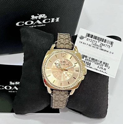 COACH Boyfriend 水鑽圈 香檳金色錶盤 棕色皮革錶帶 石英 女士手錶 14503150