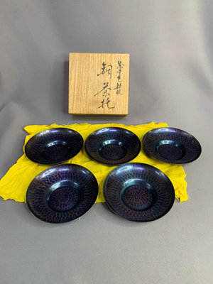 日本純銅制五客茶托、杯托，清雅堂，手工捶打，經典手錘紋，紫銅