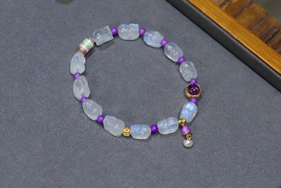 天然原礦 冰體月光石貔貅 紫雲母紫水晶蛋面設計手串手持sf