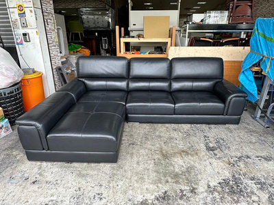 香榭二手家具*黑色半牛皮9.6尺 可躺式L型沙發組-L形沙發-真皮沙發-中古沙發-辦公沙發-客廳沙發-皮沙發-沙發床
