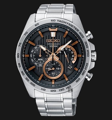 【金台鐘錶】SEIKO 精工 三眼計時男錶 不鏽鋼錶帶 防水100米 (黑X玫瑰金)  SSB307P1