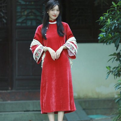 古法長款民國復古2022年新款紅色中國風年輕款旗袍冬季加厚女洋氣~特價