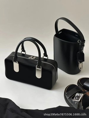 TADFAB女包系列小眾設計METALLIC D黑色拼接單肩斜跨波士頓手提包