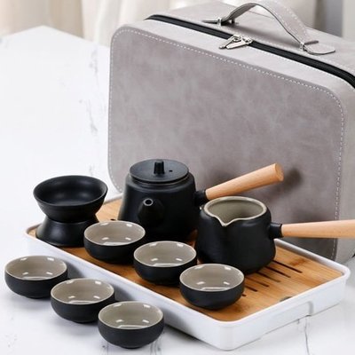 送禮好物 黑陶旅行茶具套裝 家用日式簡約防燙側把壺 陶瓷戶外便攜式茶具組 功夫茶具