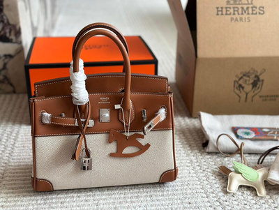 UU代購#Hermes Birkin25帆布拼皮手提包5色大容量氣質女宴會包單肩斜背包 配小馬掛機和絲巾