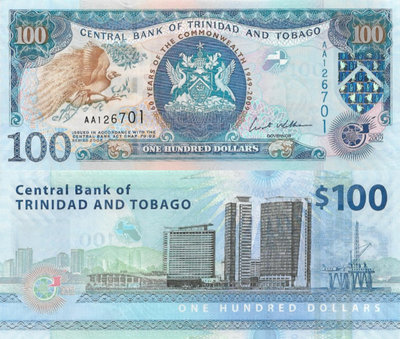 全新UNC特立尼達和多巴哥100元紙幣紀念鈔2009年 首發AA冠靚號無4