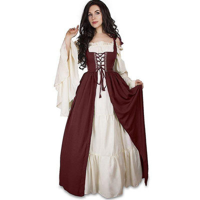洋裝顯瘦a字裙 大尺碼女裝套裝 大尺碼長裙 女裝 洋裝 歐洲中世紀藝文復興公主裙cos服萬聖節方領捆綁束腰cosplay