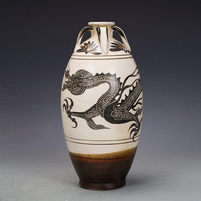 宋瓷收藏磁州窯龍紋四系瓶古董古玩舊貨老貨收藏陶瓷花瓶擺件