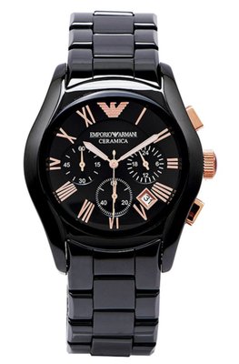 [永達利鐘錶 ] Emporio Armani 黑色陶瓷玫瑰金羅馬字刻度三眼日期錶 AR1410 43mm