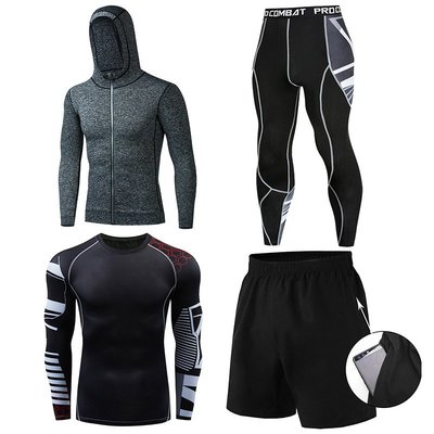 新款四件套健身服男士緊身衣健身房裝備跑步籃球訓練速干運動套裝
