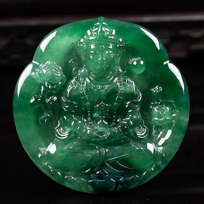 緬甸天然A貨翡翠珠寶玉器-老坑冰種滿色滿綠度母觀音菩薩牌吊墜