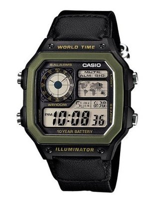 【萬錶行】CASIO AE-1200WHB-1B 十年電力世界時間黑帆布錶帶款