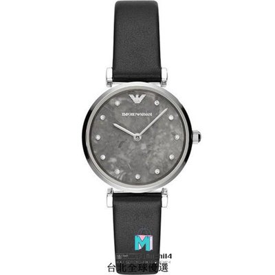 【二手】阿曼尼 ARMANI Gianni 大理石紋鑲鑽精緻小錶盤 黑色真皮休閒石英手錶 AR11171