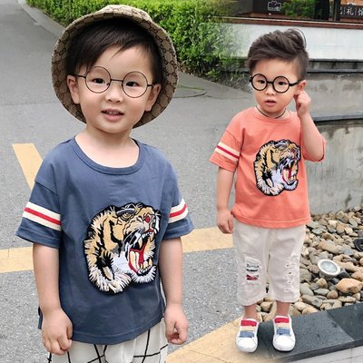 ♥【BC0391XY-6745】韓版男童裝霸氣老虎頭短袖T恤 2色 (藍色 皮粉 現貨) ♥