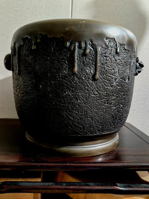 日本龜文堂銅火缽 手刻底款 重9.3斤 高23㎝ 雙耳間距3