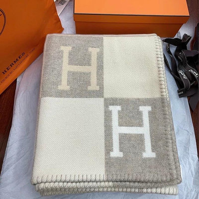 【翰貝格名牌館】全新真品 Hermes 經典 Avalon 燕麥灰 H Logo 羊毛 羊絨 沙發毯 毛毯 現貨