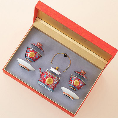 中式琺瑯彩結婚敬茶茶具高檔宮廷風陶瓷婚禮紅色三才蓋碗茶壺套裝