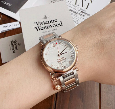 Vivienne Westwood Orb 星球小吊墜 白色錶盤 銀色配玫瑰金色不鏽鋼錶帶 石英 女士手錶 VV006SLRS